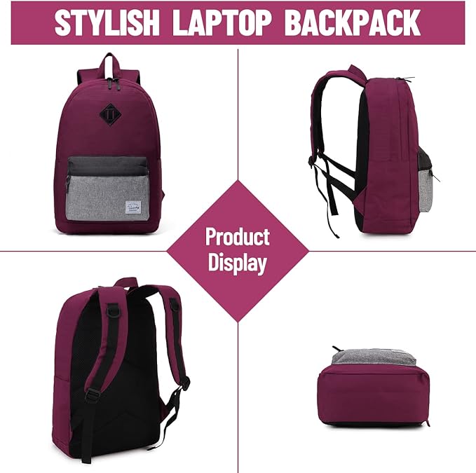 Backpack for Men Women,VASCHY Water-Resistant School Backpack Bookbag Schoolbag Casual Daypack Work Burgundy