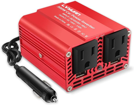 300W Power Inverter for Vehicles, LVYUAN 12V DC to 110V AC Car Plug Adapter Outlet Converter 6.2A Dual USB Charging Ports Car Truck RV Inverter for Road Trips, Red