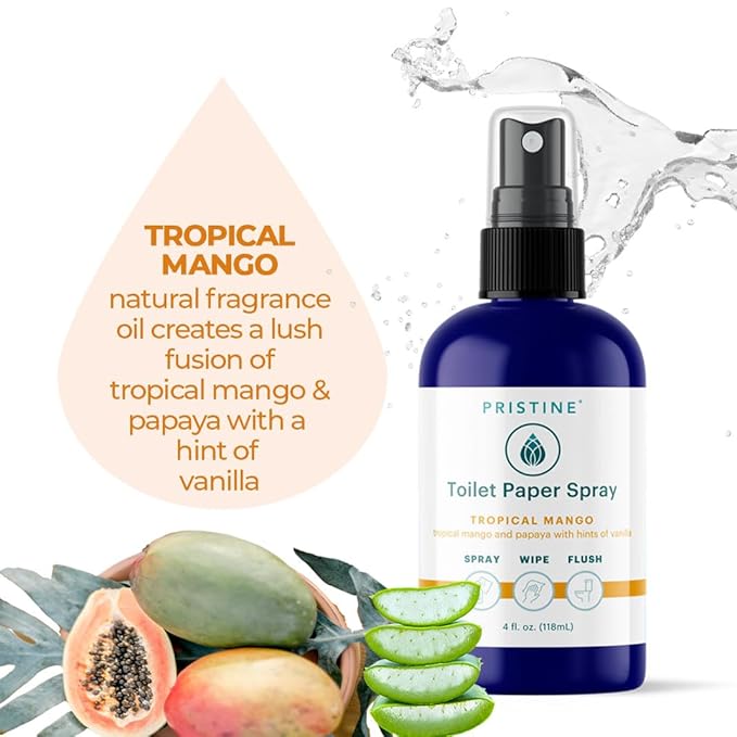 PRISTINE Toilet Paper Spray - As Seen on Shark Tank, More Natural Personal Cleansing Wipes & Flushable Wet Wipes Alternative, Spray Toilet Paper to Create Flushable Wipe, Tropical Mango, 4 fl oz