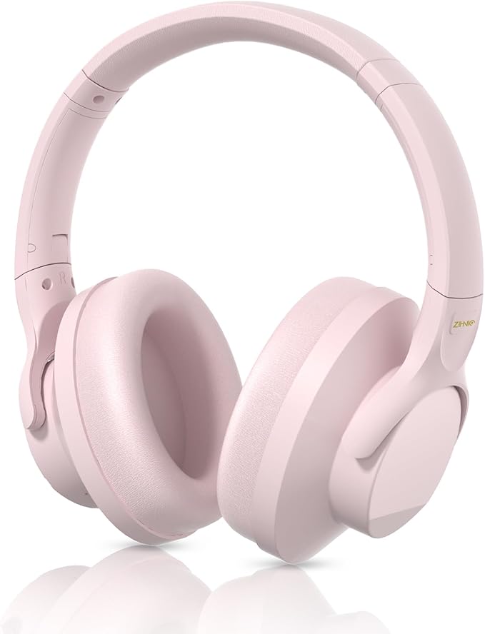 ZIHNIC Active Noise Cancelling Headphones, 60H Playtime Wireless Bluetooth Headset Low Latency-Pink
