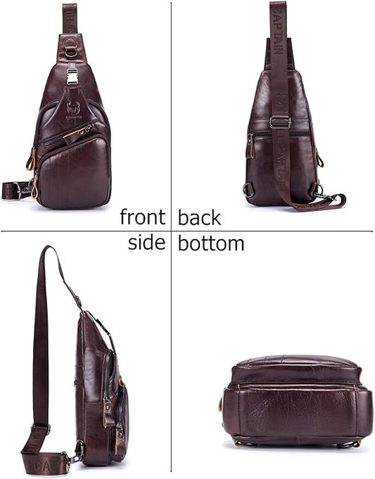 BULLCAPTAIN Leather Men Sling Bag Casual Crossbody Chest Bags Travel Daypack
