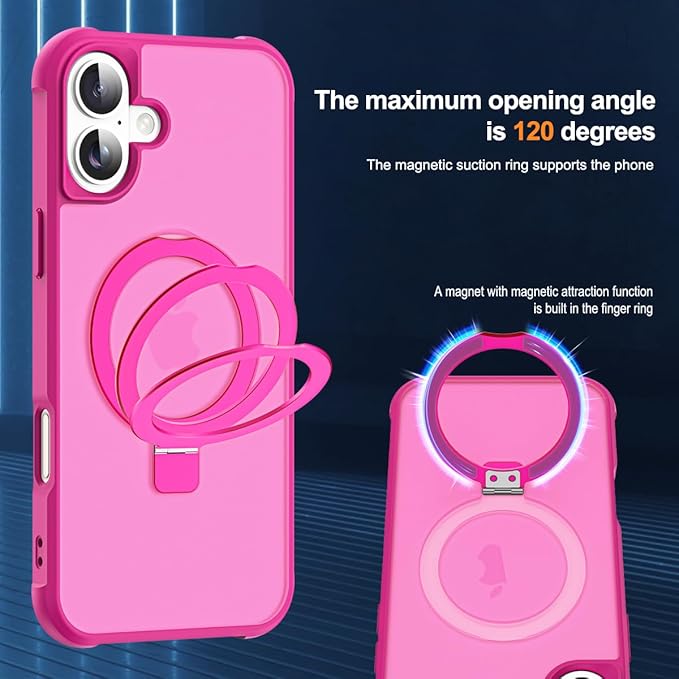 Compatible with iPhone 16 Plus Case with Invisible Magnetic O-Ring Stand Military-Grade Translucent Case for iPhone 16 Plus 6.7" [Compatible with Mag-Safe][Great Grip Feeling], Rose