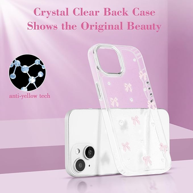 EYZUTAK Case for iPhone 13/iPhone 14, Bling Glitter 3D Bowknot Phone Case Cute Sparkly Crystal Clear Bow Aesthetic Case Slim Soft Durable TPU Transparent Protective Cover for Women Girls - Pink Bow