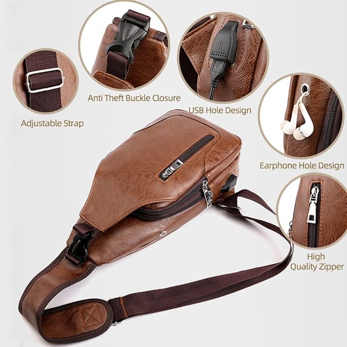 Peicees Leather Sling Bag Mens Crossbody Bag Chest Bag Sling Backpack for Men with USB Charge Port