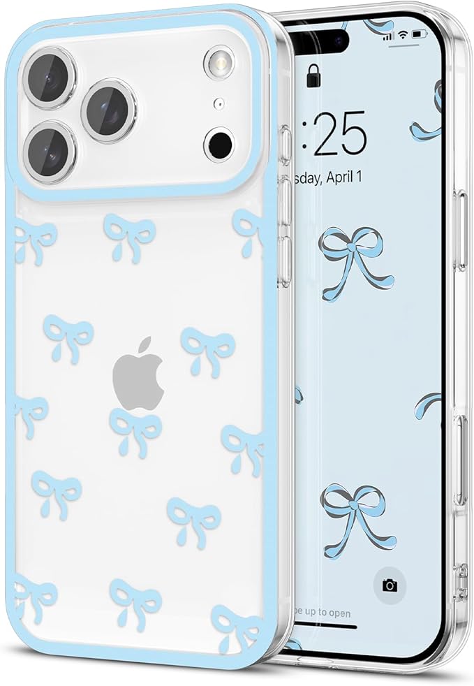 EYZUTAK Case for iPhone 17 Pro, Clear Cute Ribbon Bowknot Pattern Aesthetic Transparent Phone Case Raised Camera Protection Stylish Slim Soft Durable TPU Protective Cover for Women Girls - Blue
