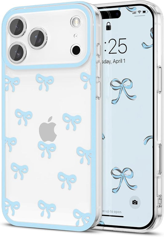 EYZUTAK Case for iPhone 17 Pro, Clear Cute Ribbon Bowknot Pattern Aesthetic Transparent Phone Case Raised Camera Protection Stylish Slim Soft Durable TPU Protective Cover for Women Girls - Blue