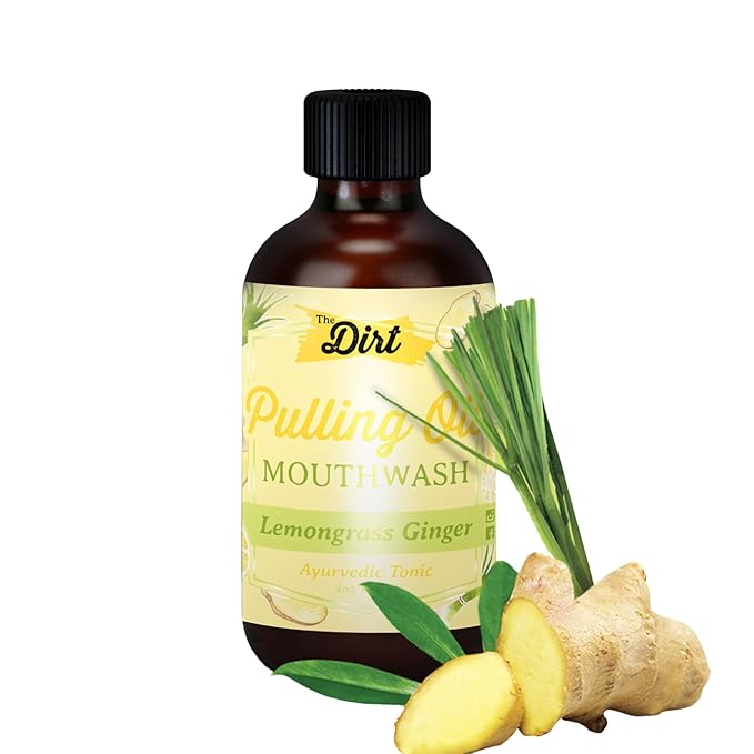 THE DIRT Oil Pulling Mouthwash - Gluten Free - Removes Plaque, Tartar, Bad Breath & Whitens Teeth (Lemongrass & Ginger, 4 Ounce)