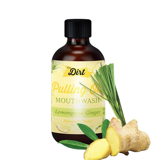 THE DIRT Oil Pulling Mouthwash - Gluten Free - Removes Plaque, Tartar, Bad Breath & Whitens Teeth (Lemongrass & Ginger, 4 Ounce)