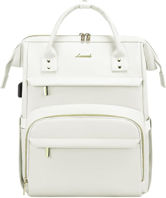 LOVEVOOK Leather Laptop Backpack for Women 15.6 inch,Travel Backpack Purse Nurse Teacher Backpacks Computer Laptop Bag,Professional College Business Work Carry On Backpack with USB Port,Beige White