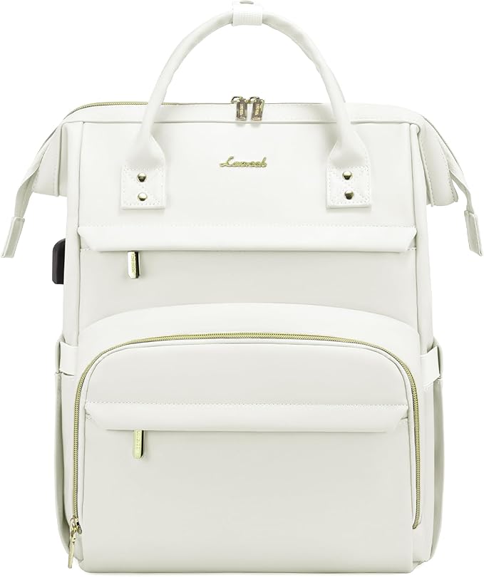 LOVEVOOK Leather Laptop Backpack for Women 17 inch,Travel Backpacks Purse Nurse Teacher Backpack Computer Laptop Bag,Professional College Business Work Bags Carry On Backpack with USB Port,Beige White