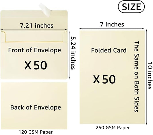 Wishop 50 Pack Self-Adhesive Envelopes with Fold Cards for Wedding Invitations, Greeting Cards, Baby Shower, Letter Mailing (Cream Color, 5x7)