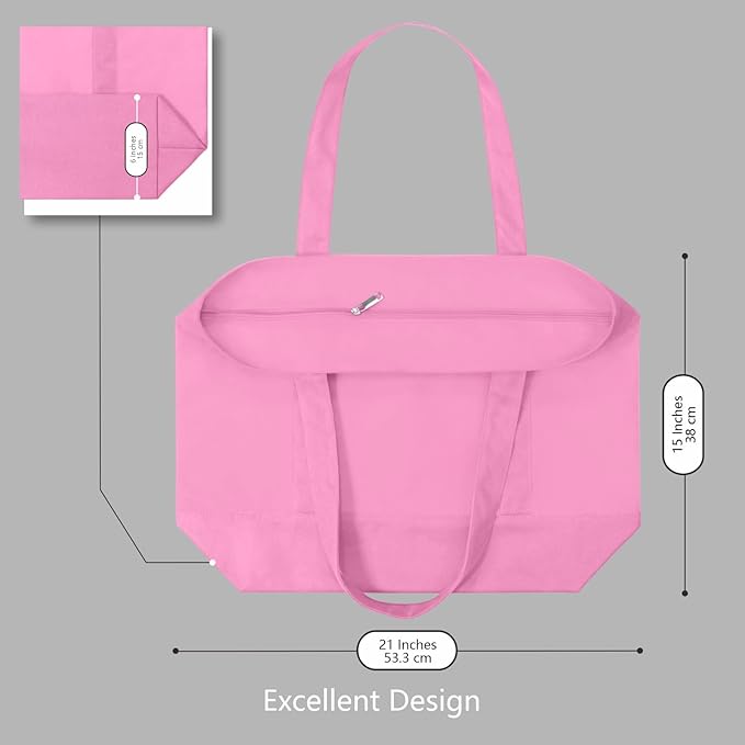 TOPDesign 6-Pack Canvas Tote Bags with an External Pocket, Reusable Grocery Shopping Bags, Top Zipper Closure, Daily Essentials (Pink)