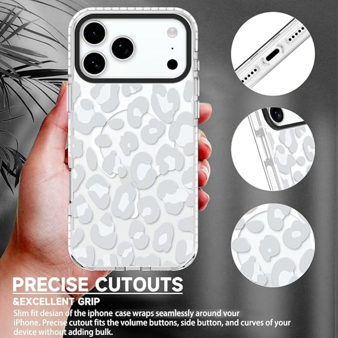 SAKUULO Magnetic for iPhone 17 Pro Case with Screen Protector [Compatible with MagSafe] Light Gray Leopard Print Pattern Wireless Charge Strengthen Protection Cover Light Gray Leopard (6.3")