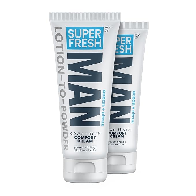 Super Fresh Ball Deodorant Powder Lotion Comfort Cream for Man Parts Groin Butt and Body Hygiene Controls Odor Stops Chafing and Itch Absorbs Sweat Aluminum Free Formula in 4 oz Twin Pack