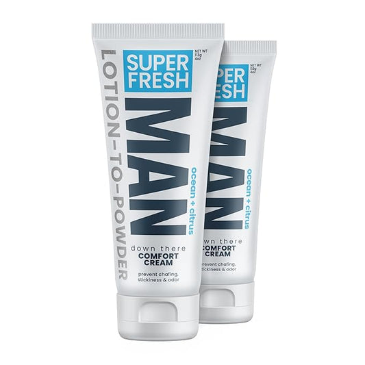 Super Fresh Ball Deodorant Powder Lotion Comfort Cream for Man Parts Groin Butt and Body Hygiene Controls Odor Stops Chafing and Itch Absorbs Sweat Aluminum Free Formula in 4 oz Twin Pack