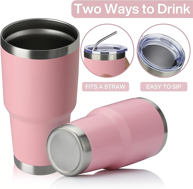 MEWAY 30oz Insulated Tumbler With Lids and Straws,Stainless Steel Double Vacuum Coffee Tumbler Cup, Brush, Durable Powder Coated Coffee Cup for Cold & Hot Drinks, Office, Travel(Pink,4 PACK)