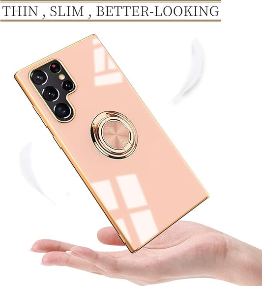 Tnarru Compatible for Samsung Galaxy S22 Ultra Case with Ring Holder Kickstand [with Magnetic] Soft TPU Shockproof Electroplated Protective Phone Case for Galaxy S22 Ultra 5G Pink