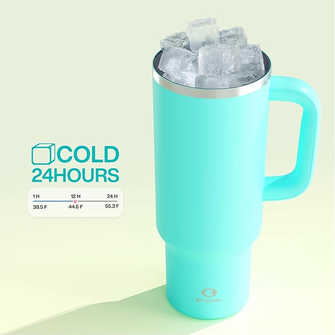 40 oz Tumbler with Handle and Straw: Stainless Steel Insulated Tumbler Keeps Cold for 24 Hours, Leakproof Travel Cup Fits in Cup Holder and BPA-Free, Aquamarine Blue