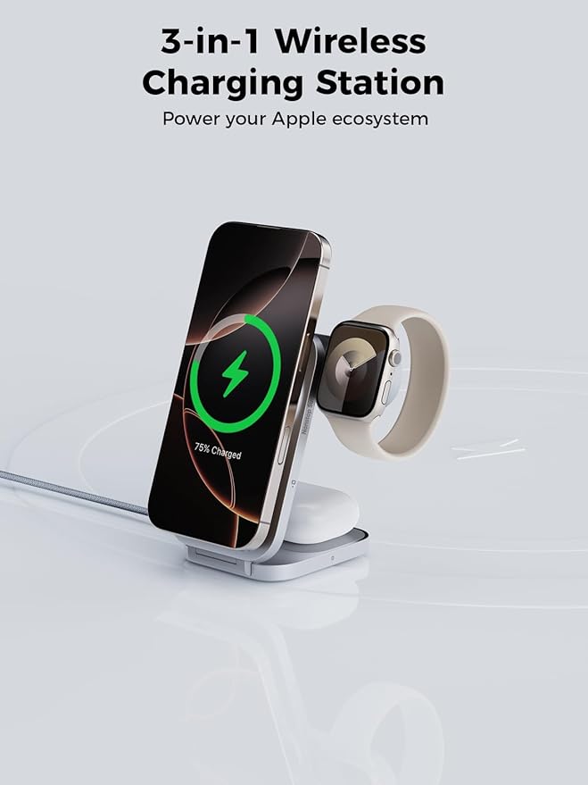 MagFusion Z 3-in-1 Charging Station Compatible with MagSafe, 15W Wireless Foldable Charger Qi2 Certified, Magnetic Charger for iPhone 17/16/15/14/13/12, AirPods 4/3/2/Pro, Apple Watch, Silver