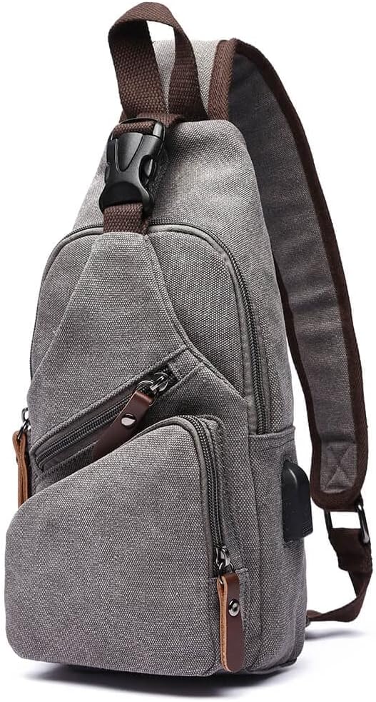 Canvas Sling Bag Crossbody Backpack Shoulder Casual Rucksack for Men Women Outdoor Cycling Hiking Travel Fishing Grey
