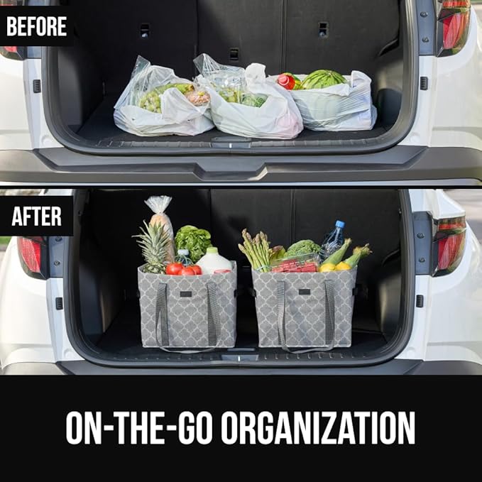 GORILLA GRIP Heavy Duty Foldable Reusable Grocery Bags, Tear Resistant Box Shape Shopping Tote with Reinforced Handles, Grip Feet, Easily Carry and Transport Groceries, 13x10x11, 1 PK, Quatrefoil Gray