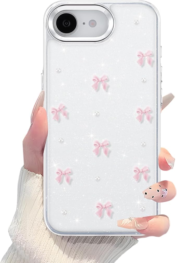 EYZUTAK Case for iPhone 16e, Bling Glitter 3D Bowknot Phone Case Cute Sparkly Crystal Clear Bow Aesthetic Design Cover Slim Soft Durable TPU Transparent Protective Cover for Women Girl - Pink Bow