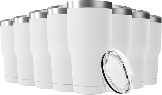 30oz Stainless Steel Travel Mug with Lid, 8 Pack Double Wall Vacuum Insulated Bulk Tumbler, Powder Coated Coffee Cup Suitable for Vehicle Cup Holders(White)