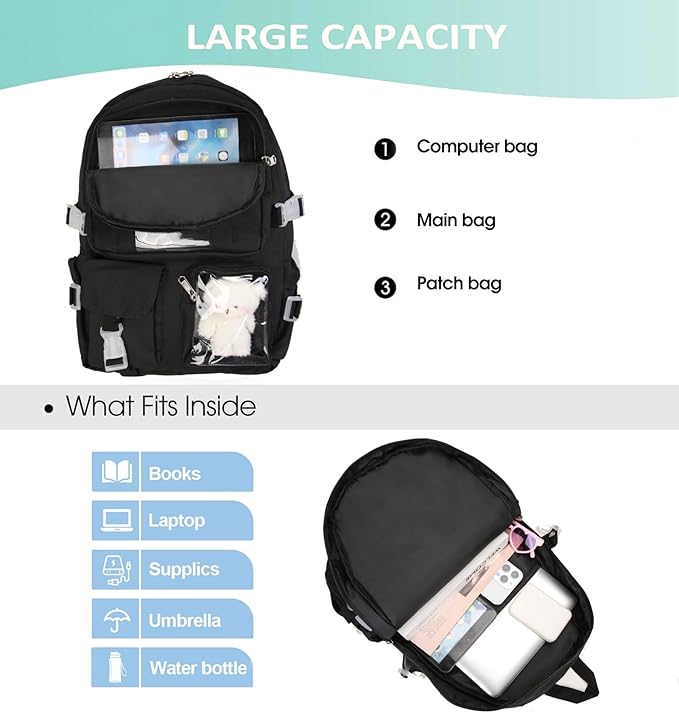 Kawaii Backpack for Teen Girls, Cute Aesthetic High Middle School College Bookbag with Accessories, Black