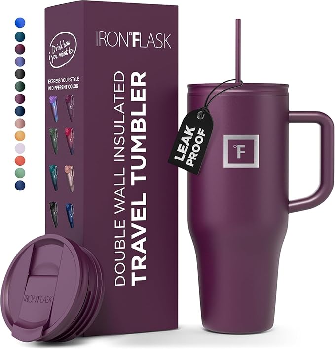 IRON °FLASK Co-Pilot Insulated Mug w/Straw & Flip Cap Lids - Cup Holder Bottle for Hot, Cold Drink - Leak-Proof - Water, Coffee Portable Travel Mug - Burgundy, 32 Oz