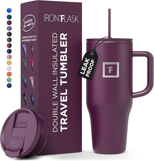 IRON °FLASK Co-Pilot Insulated Mug w/Straw & Flip Cap Lids - Cup Holder Bottle for Hot, Cold Drink - Leak-Proof - Water, Coffee Portable Travel Mug - Burgundy, 32 Oz
