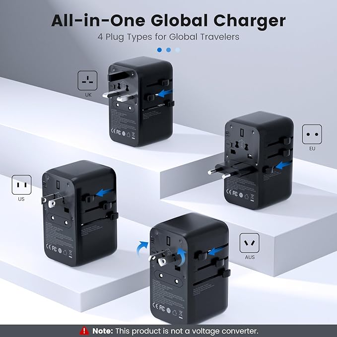 Universal Travel Adapter, for GaN 100W International Power Adapter Built-in Type-c Cable Fast Charging & 4 USB Charging Ports, All-in-One Wall Charger for US to Europe EU UK AUS Black