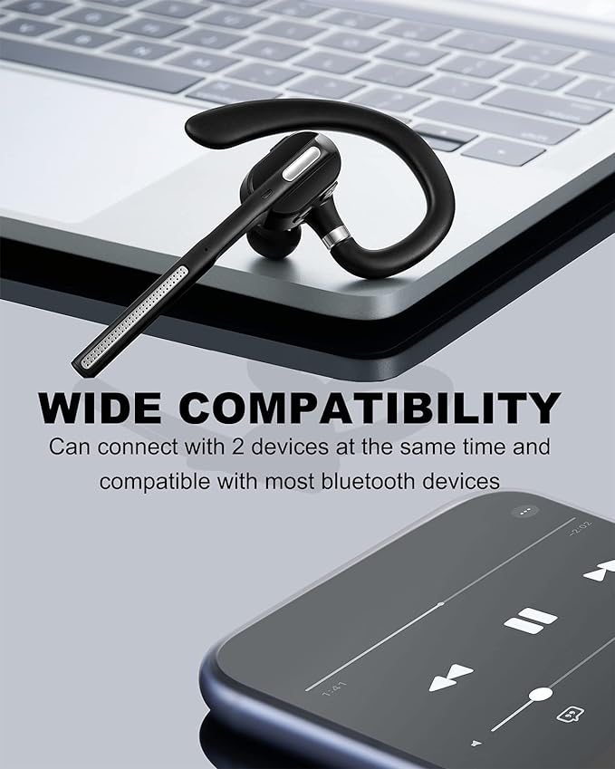 Bluetooth Headset V5.1, Wireless Headset with Battery Display Charging Case, Bluetooth Earpiece with Noise Canceling Mic for Driving, Office, Business, Compatible with Cell Phone and PC