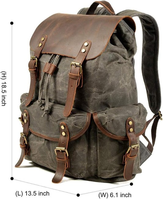WUDON Leather Backpack for Men, Waxed Canvas Shoulder Rucksack Carry-On Travel Backpack