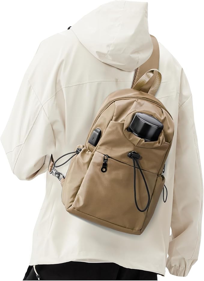 Sling Backpack bag for Men Khaki, Tactical BackpackSmall One Strap Daypack, Mini Anti-Theft Cross Body Motorcycle Chest Bags, Satchel Bag for Casual Travel Hiking Outdoor Sports Gym