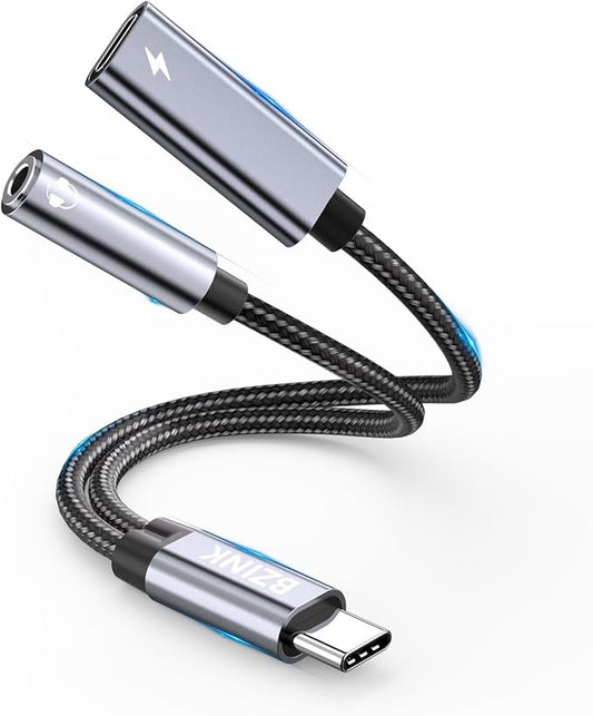 USB C to 3.5mm Female Headphone and Charger Adapter, 2-in-1 Type USBC to Aux Audio Jack Hi-Res DAC Adapter and Fast Charging Dongle Cable Compatible with iPhone 16/15 Pro Max,Galaxy S22 S21 S20 Pixel