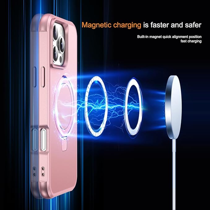 Compatible with iPhone 16 Pro Case with Invisible Magnetic O-Ring Stand Military-Grade Case for iPhone 16 Pro 6.3" [Compatible with Mag-Safe][Great Grip Feeling], Rose Gold