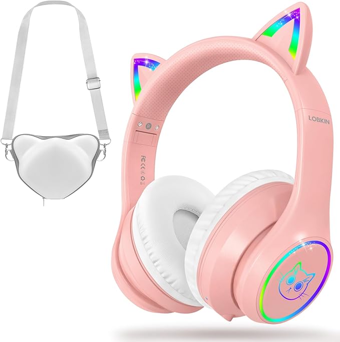 LOBKIN Bluetooth 5.4 Kids Headphones with Case - RGB LED Light Up Cat Ears Foldable Adjustable Over Ear Headphone Support Wireless or 3.5mm Wired Mode for Toddler & Girls & Boys Teens