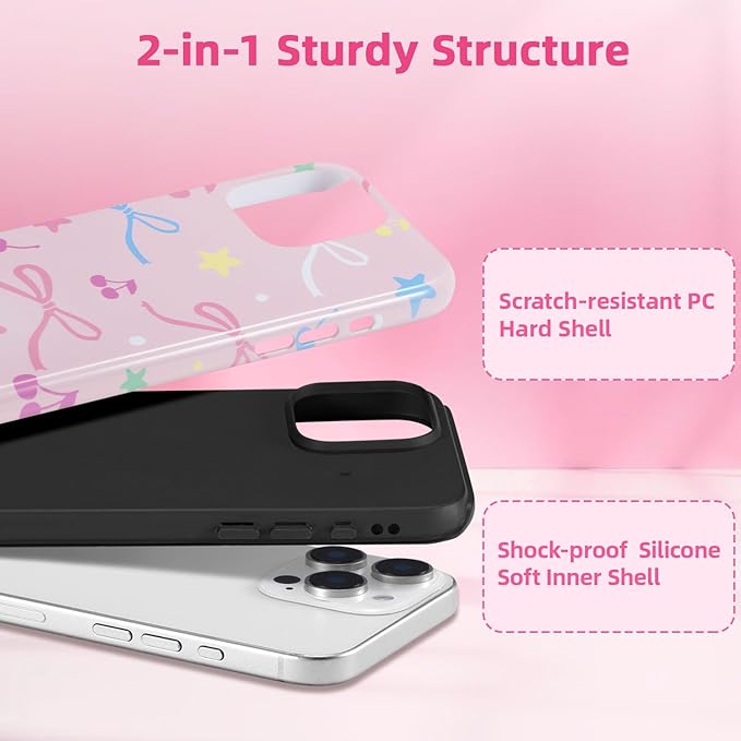 QLTYPRI Case for iPhone 15 Pro Max, Aesthetic Colorful Bow Cherry Stars Phone Case for Girls Women, Protective Hybrid 2-Layer Hard Shell Silicone Cover Durable Shockproof Phone Cover - Pink