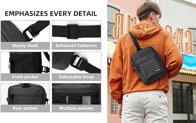 Waterproof Sling Bag For Men, Small Nylon Crossbody Sling Backpack With Multi Pocket, Adjustable Chest Bag For Travel, Hiking, Workout - Black