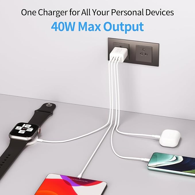 10Pack USB C Wall Charger 40W 4-Port,USBC Cube Power Adapter Wall Plug Multiport Type C Brick for Apple Watch Series 9/8/7/6/ iPhone 15 Plus/15 Pro Max