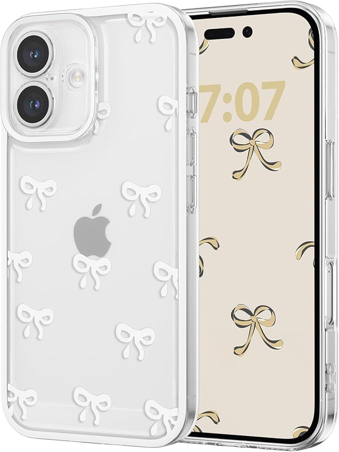 EYZUTAK Case for iPhone 16, Clear Cute Ribbon Bowknot Pattern Aesthetic Transparent Phone Case Raised Camera Protection Stylish Slim Soft Durable TPU Protective Cover for Women Girls - White