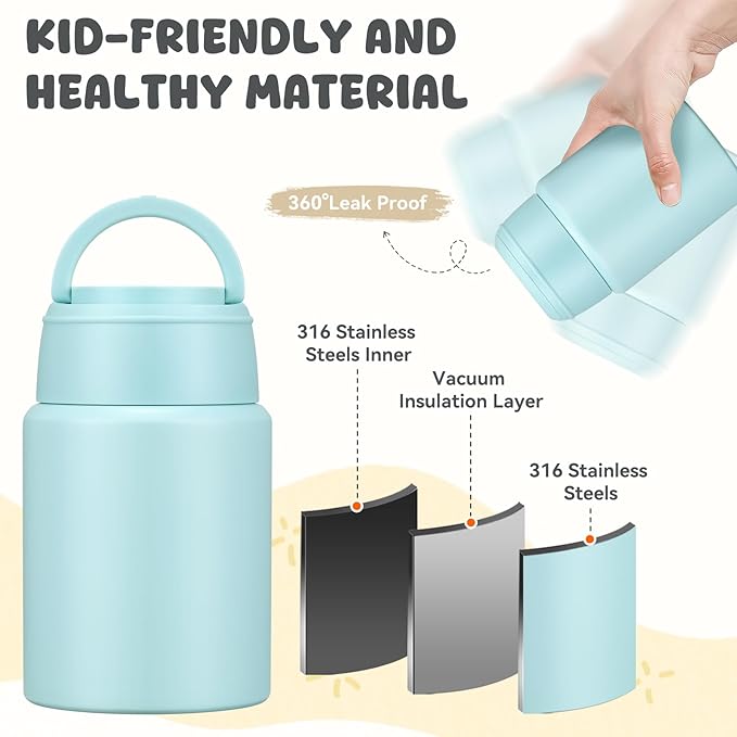 17oz Soup Thermo for Hot Food Kids Insulated Food Jar,Thermo Hot Food Lunch Container, Width Mouth Stainless Steel Lunch Box for Kids with Handle Folding Spoon(Ice Blue - Pure)