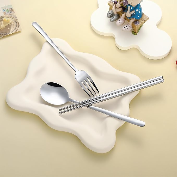 DEVICO Travel Silverware Set with Case, Portable Lunch Utensils Set for Work, Reusable Travel Cutlery Set, 18/8 Stainless Steel Flatware for Caming School Picnic, Dishwasher Safe (Light Yellow)