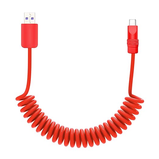chubbycable Curly Chubby Retractable Fast Charging Cable 120W Coiled Charger Cord for Car Durable USB C Cable Compatible with iPhone 16/15 Series, Red+Red, USB-A to Type-C, 1.3FT-2.3FT