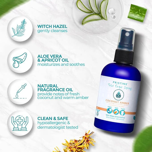 PRISTINE Toilet Paper Spray - As Seen on Shark Tank, More Natural Flushable Wet Wipes Alternative, Spray Toilet Paper to Create Flushable Wipe, Coconut Amber, 1 fl oz Travel Size