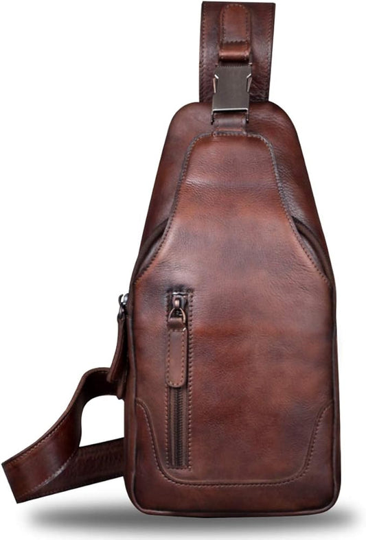 IVTG Genuine Leather Sling Bag for Men and Women Chest Shoulder Crossbody Hiking Backpack Vintage Handmade Daypack