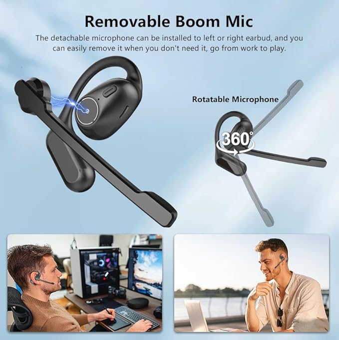 iDIGMALL Bluetooth 5.4 Headset w/Detachable Microphone, Open Ear Headphones w/DSP Noise Canceling Mic & Mute for Call, Multipoint Wireless Earbuds w/Charging Case for Office Home Work Driving Travel