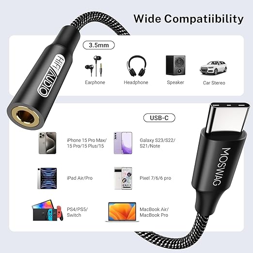 MOSWAG USB Type C to 3.5mm Headphone Jack Adapter, Audio Adapter USB C to Aux Dongle Cable Cord for iPhone 15 Plus/15 Pro Max Samsung Galaxy S23 S22 Ultra S20+ Note 20 10,Pixel 7 6 5 4 and More