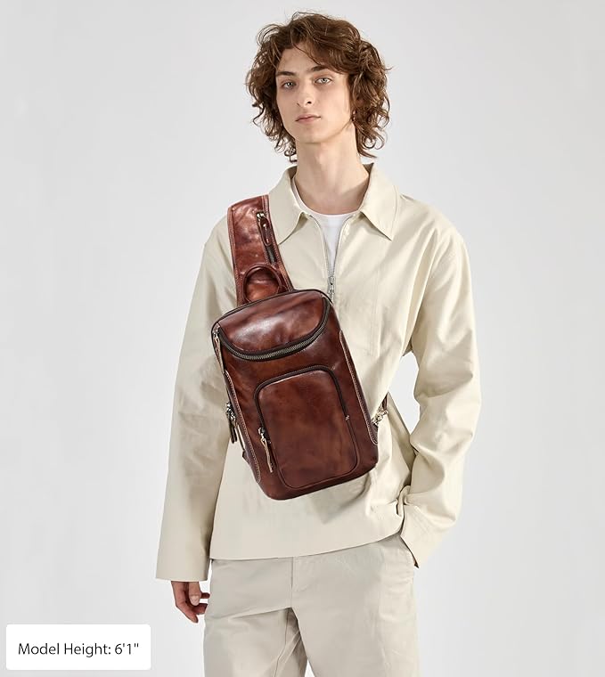 LANNSYNE Vintage Full Grain Leather Sling Bag Crossbody Chest Daypack