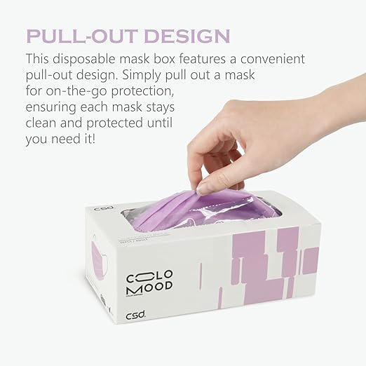 CSD Colo 30 Pcs Purple Disposable Face Masks, 3 Ply Adult Mask with Elastic Ear Loop, Nose Bridge Clip, Breathable Comfortable Mask Great for Indoor, Outdoors Use (Lavender Purple)